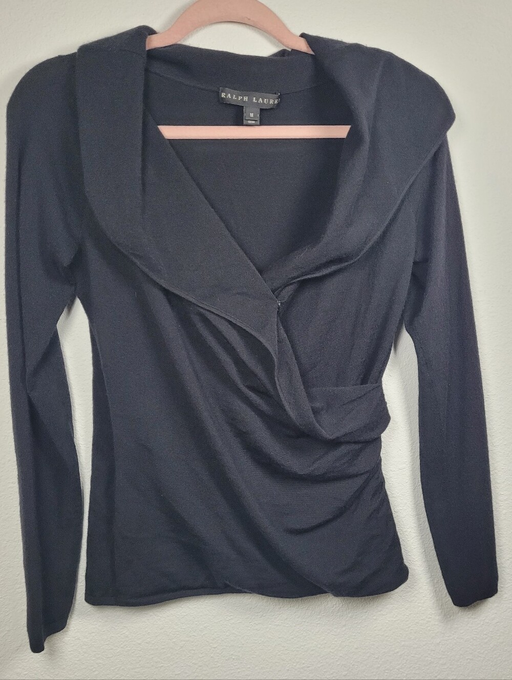 Ralph Lauren 95% Cashmere Faux Wrap Sweater Black Draped Neck Size M Side Ruched